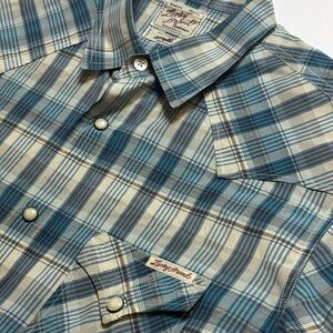 Lucky Brand Mens Shirt Small Blue Tan Plaid Pearl Snap Western Short Sleeve